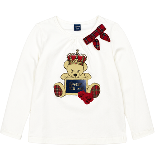 Girl's Cream Long Sleeve Top Wojcik "Krolewski Nastroj" with Teddy Bear and Bow, 110