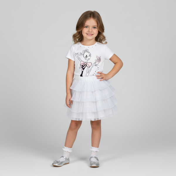 Girl's T-shirt Wojcik "Piekna Roza" White with Print and Rhinestones, 98
