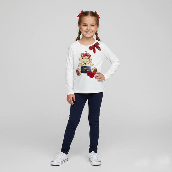 Girl's Cream Long Sleeve Top Wojcik "Krolewski Nastroj" with Teddy Bear and Bow, 110