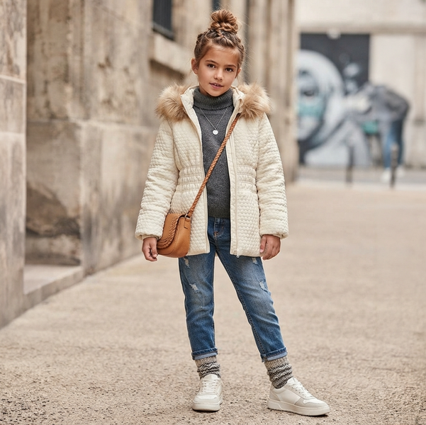 Winter jacket for girls Wojcik "Telefon" beige with hood and faux fu, 134