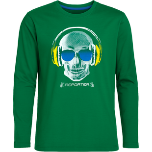 Teen boys&rsquo; long sleeve T-shirt Reporter Young green with skull headphones print 133-42B-98-555, 146