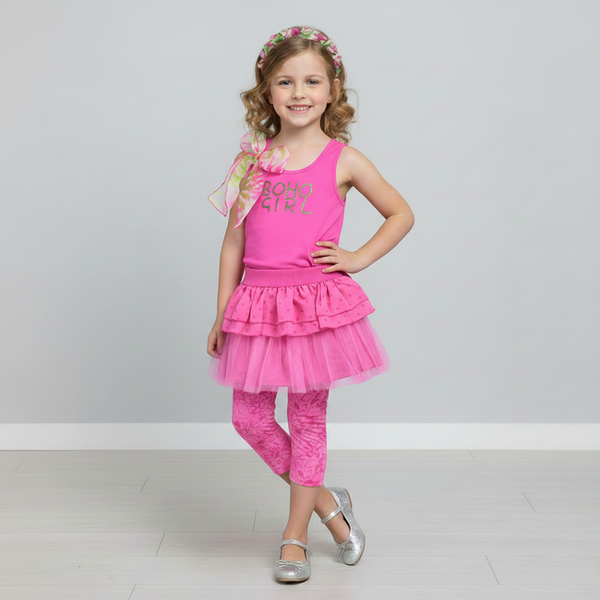 Girl's Top Wojcik "Dziewczyna w Stylu Boho" Premium Summer Knit Raspberry Pink Tank Top with Rhinestones and Shoulder Chiffon Bow, 134