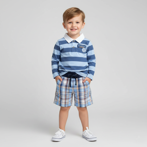 Boy's Shorts "Panda i Zebra" Wojcik Blue Checkered with Elastic Waistband, 80