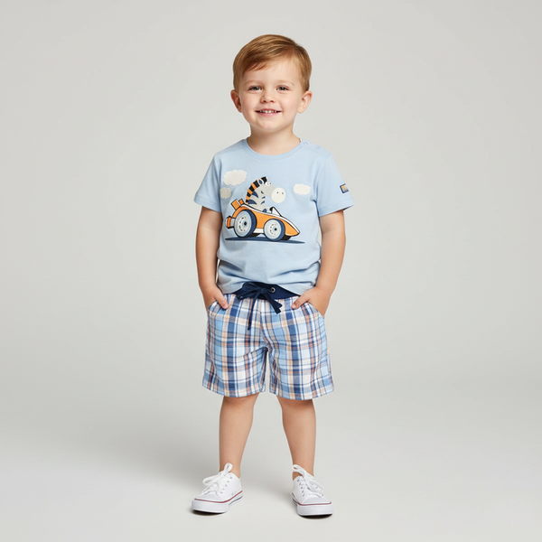 Boy's Shorts "Panda i Zebra" Wojcik Blue Checkered with Elastic Waistband, 80