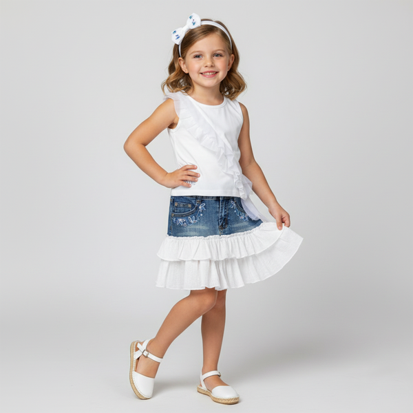 Girl's Summer Set Wojcik "Blue" Elegant White Tank Top and Denim Ruffle Skirt Co-ord, 110
