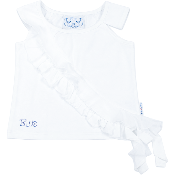 Girl's Summer Set Wojcik "Blue" Elegant White Tank Top and Denim Ruffle Skirt Co-ord, 110