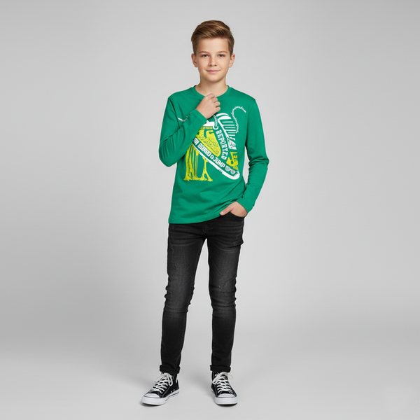 Teen boys&rsquo; long sleeve T-shirt Reporter Young green with sneakers print 141-42B-96-560, 158
