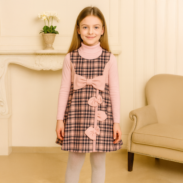 Warm Pinafore Dress for Girls Dinos 1005 Pink Check with Bows, 104