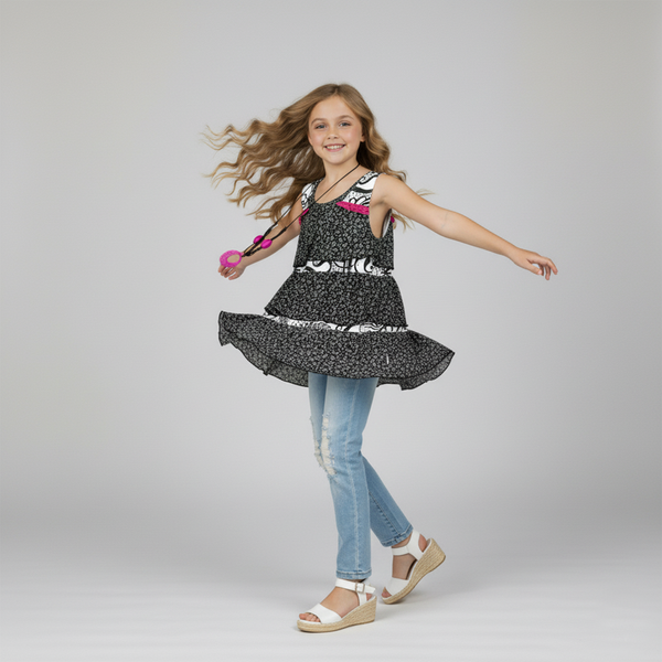 Girl's Tiered Tunic Wojcik "Uroczy Dzien" Black and White with Pink Accents, 140