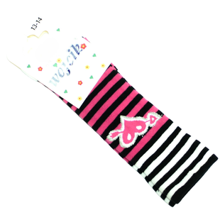Girl's High Knee Socks Wojcik "Muzyczna Impreza 1" Striped Cotton Long Socks with Lurex Heart Patch, 13-14
