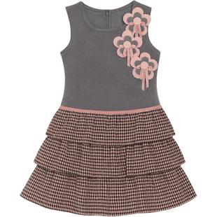 Warm Grey Pinafore Dress for Girls Dinos 1030 with Pink Flowers, 110