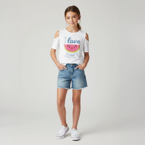 Girl's T-Shirt Wojcik "G-020" White Cold-Shoulder Cotton Top with Watermelon Print, 158