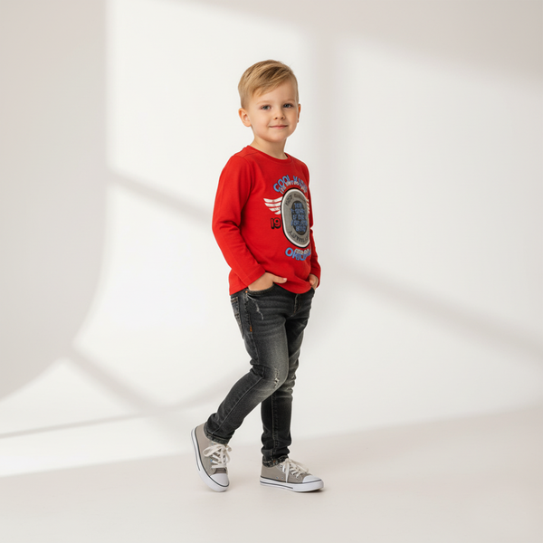 Boy's Red Long-Sleeve T-Shirt "Fajne Dzieciaki" Wojcik with Print, 92