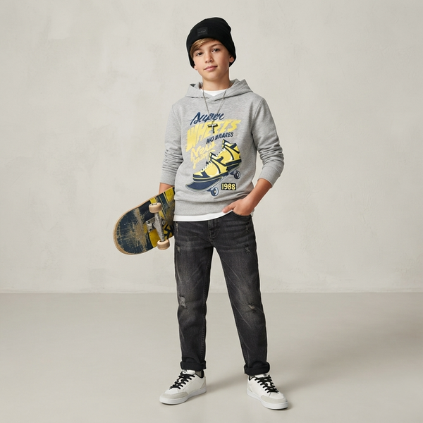 Teenage Boys Grey Hoodie B-005 with Skate Print and Hood, 164
