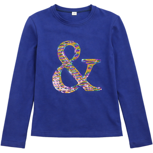 Girl's Long Sleeve Top "G-013" Royal Blue with Rainbow Sequin Symbol, 128