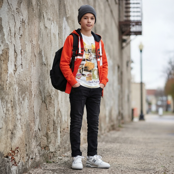 Boys Orange Zip-Up Hoodie Reporter Young 133-55B-10-358 with Graphic Print, 146