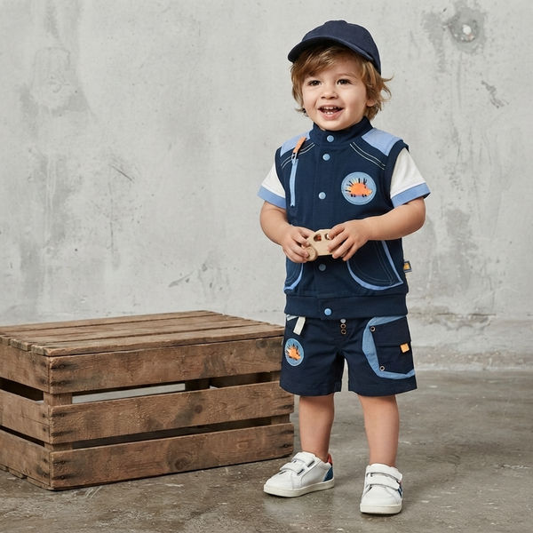 Boys Blue Cotton Snap Vest Wojcik "Zabawa Na Lace" with Hedgehog Patch, 80