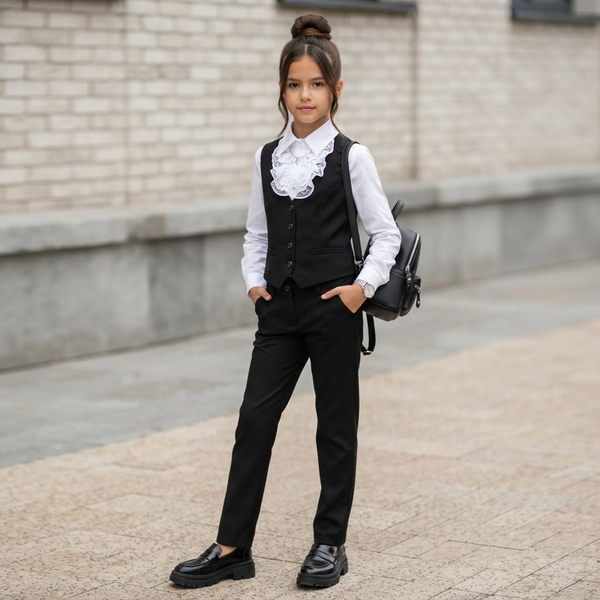White blouse with jabot for girls Mikrus with long sleeves, 152
