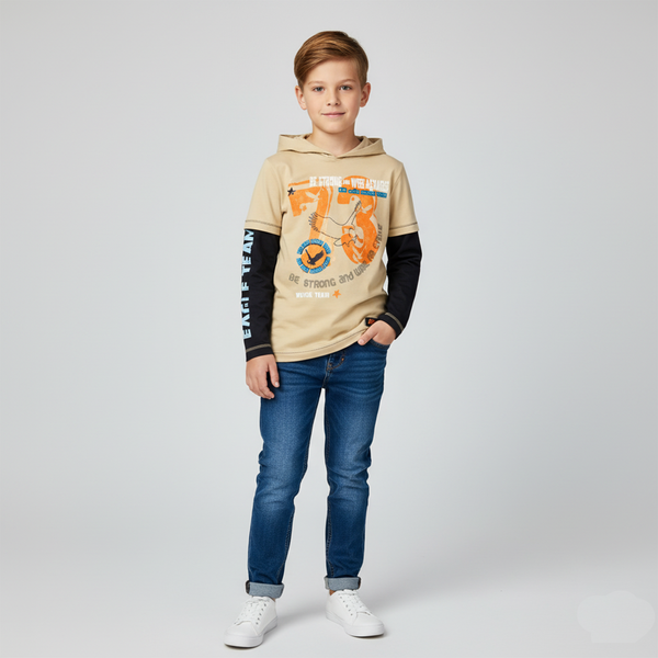 Boys' long-sleeved shirt with a hood "Eagle's Team" Voytsik beige, 146