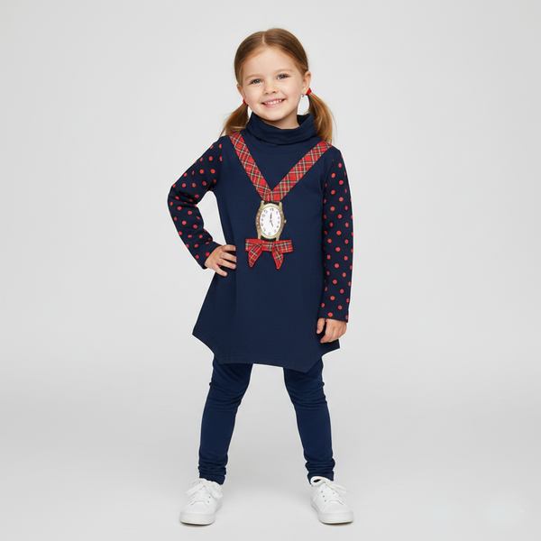 Girl's Navy Blue Tunics Wojcik "Krolewski Nastroj" with Polka Dot Sleeves, 104