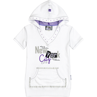 Girl's White Short Sleeve Hoodie Wojcik "Czas Zakupow" with Print and Rhinestones, 134