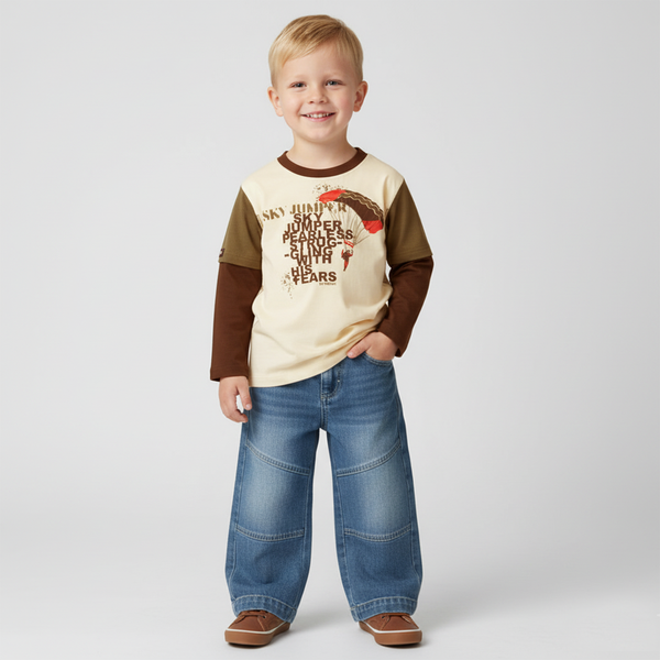 Wojcik Boy's Long Sleeve Shirt "Skoczek" Cream with Paratrooper Print, 104