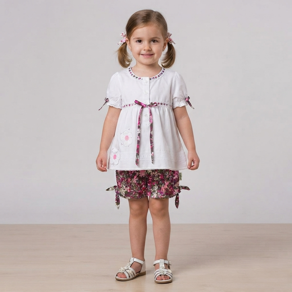 Girls Pink Floral Summer Shorts Wojcik "Sloneczne Wakacje 1" with Side Ties, 92