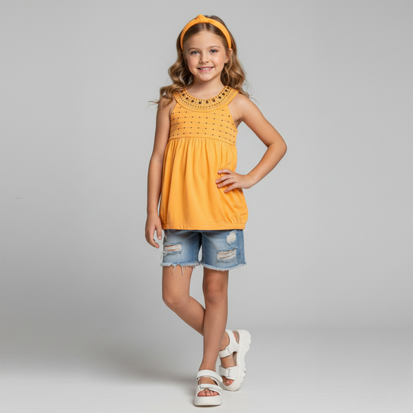 Girl's Tank Top Tunica Pampolina 521370000 k51 Knit Cotton Orange with Embroidery, Rhinestones and Studs, 128