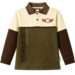 Boy's Brown Long Sleeve Polo Shirt "Skoczek" Wojcik with Embroidery and Contrast Collar, 92