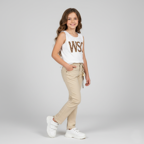 Girl's Summer Trousers Wojcik "Nowa Ikona Stylu" Beige with Chain, 128