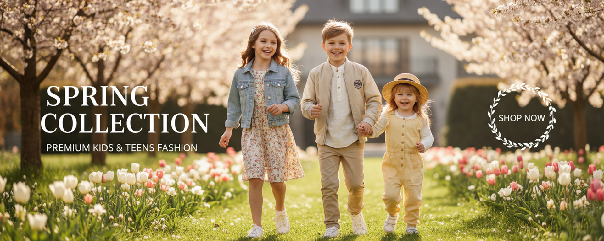 Three smiling children are walking through a blooming spring garden with tulips, advertising the spring collection of children