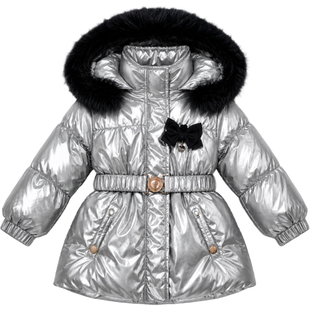Winter jacket for girls Wojcik "Papierowa Laleczka" silver with belt and faux fur, 92