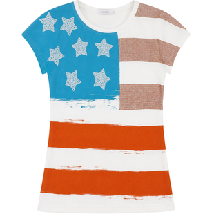 Girl's Tunic Top Wojcik "Numer Jeden" Cotton Knit Cream Flag Pattern with Rhinestones, 146