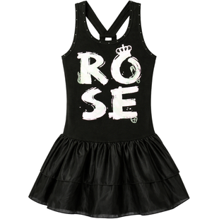 Girl's Summer Dress Wojcik "Zbuntowana Roza" Black Jersey with Print, 146