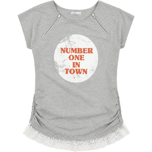 Girl's Tunic Top Wojcik "Numer Jeden" Cotton Knit Grey Melange with Lace and Rhinestone Inscription, 134