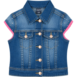 Girl's Denim Jacket Wojcik "Dziewczyna w Stylu Boho" Premium Blue Short Sleeve Jean Jacket, 122