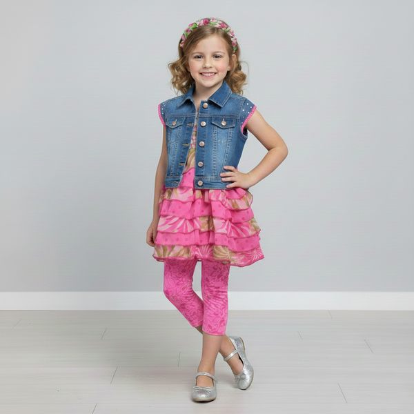 Girl's Denim Jacket Wojcik "Dziewczyna w Stylu Boho" Premium Blue Short Sleeve Jean Jacket, 122