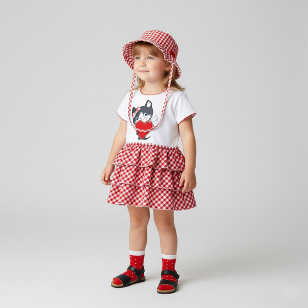 Girl's Tunic Wojcik "Kotek i serduszko" White with Plaid Ruffle, 80