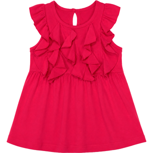 Girls' raspberry tunic Wojcik "Kwiecista Podroz" sleeveless with ruffles, 110