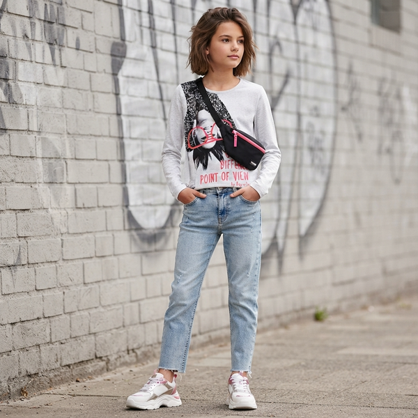Teen Girls Grey Cotton Long Sleeve Top Reporter Young "131-42G-34-119" with Gsrl Print, 164