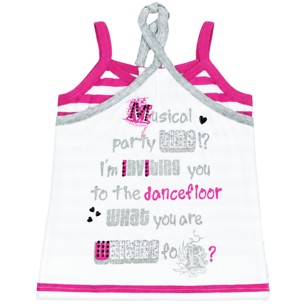 Girl's Summer Tank Top Wojcik "Muzyczna Impreza 1" Stylish White Striped Top with Halter Neck and Rhinestones, 98
