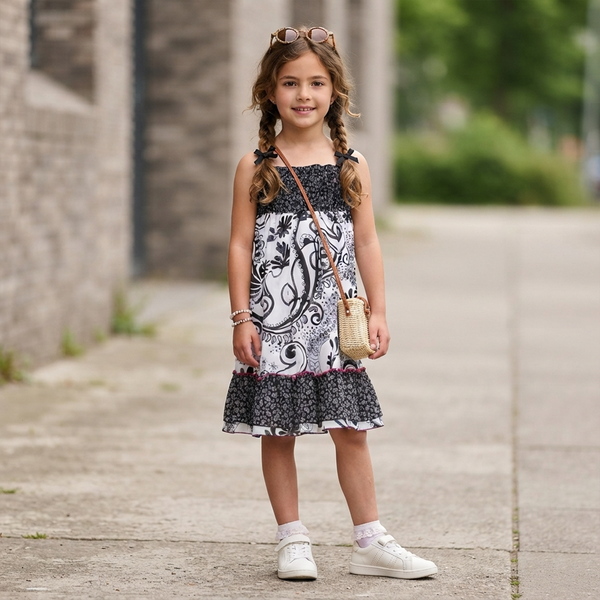 Girl's White and Black Strappy Sundress Wojcik "Uroczy Dzien" with Floral Print, 128