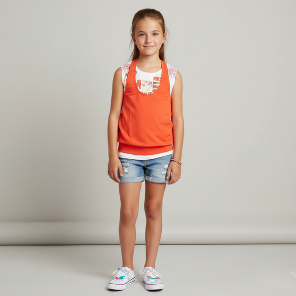 Girl's Two-Piece Tank Top Set Pampolina "560899900 к 30" (Orange Halter Top and White Printed Tank), 146