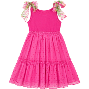 Girl's Dress Wojcik "Dziewczyna w Stylu Boho" Premium Summer Chiffon Raspberry Pink Party Dress with Shoulder Bows and Polka Dot Skirt, 104