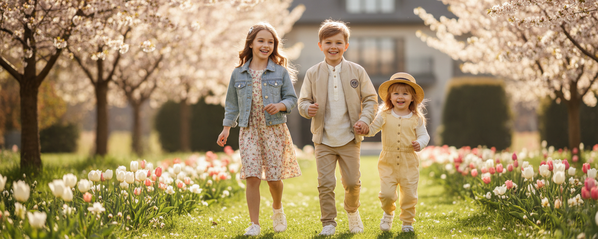 Three smiling children are walking through a blooming spring garden with tulips, advertising the spring collection of children