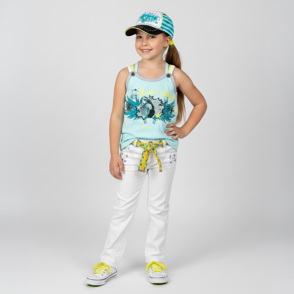 Girl's White Pants Wojcik "Muzyczna Impreza 2" Premium Summer Denim Trousers with Braided Belt and Rhinestones, 110