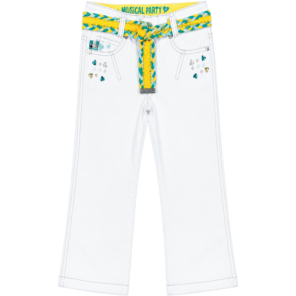 Girl's White Pants Wojcik "Muzyczna Impreza 2" Premium Summer Denim Trousers with Braided Belt and Rhinestones, 110