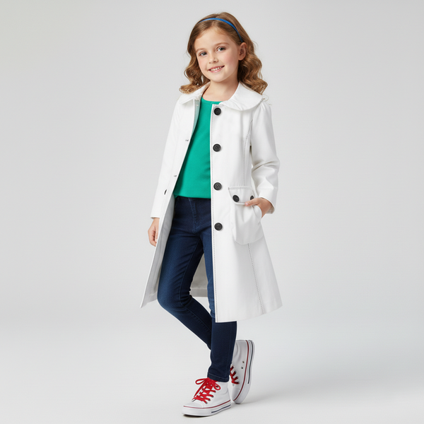 Girl's Spring Trench Coat Wojcik "Elieganska Zamiana" White with Contrast Stitching, 140