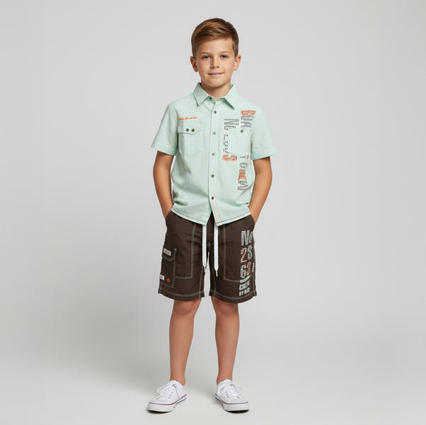 Boy's Shirt Wojcik "Zaloga Pokladowa 1" Light Blue Checkered, Short Sleeve, 134