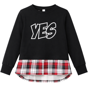 Girl's Sweatshirt "G-035 Yes" Black with Plaid Shirt Hem Imitation, 146